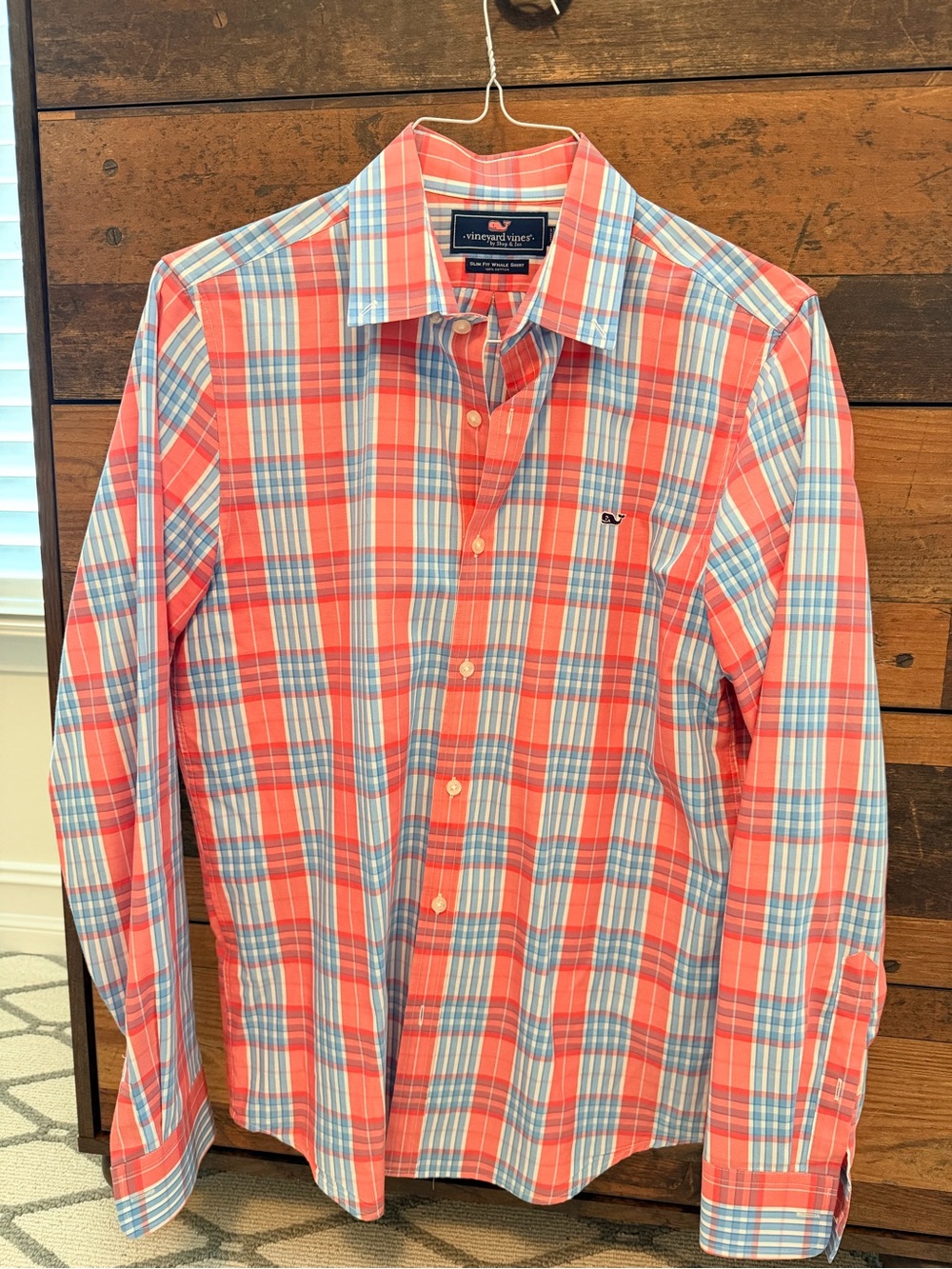 Vineyard Vines Coral and Light Blue Plaid Button-Down Shirt